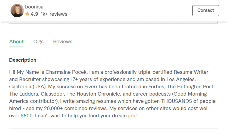 Charmaine Porchek Fiverr Profile Description