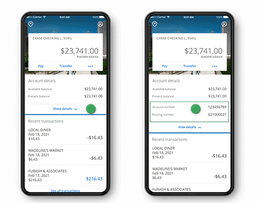 bank routing number on chase app