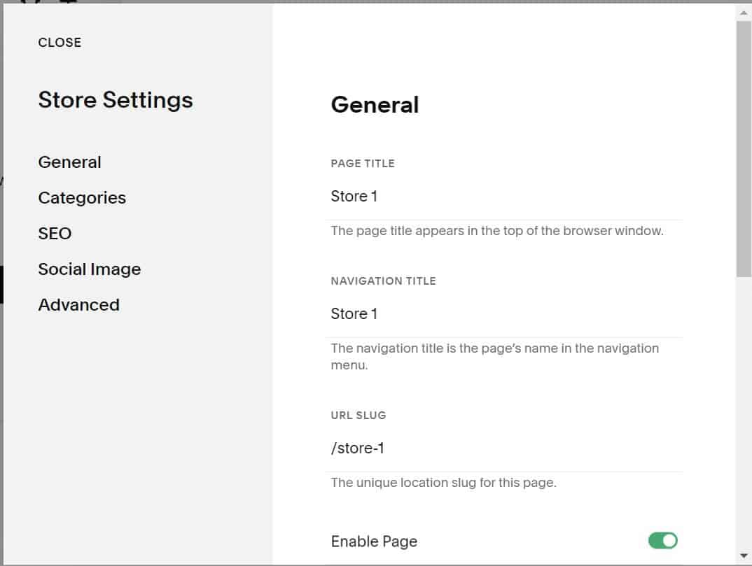 Squarespace store details edit screen