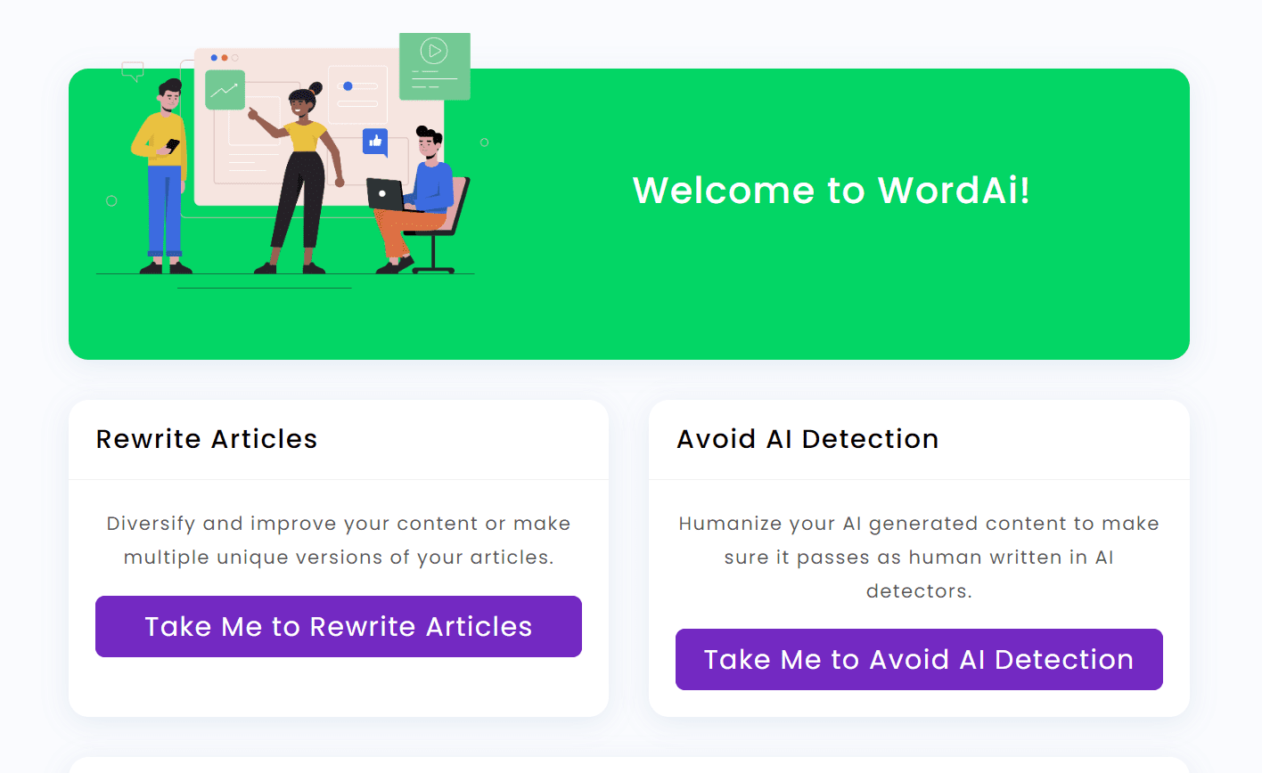 WordAi the best rewording tool powered by AI welcome dashboard