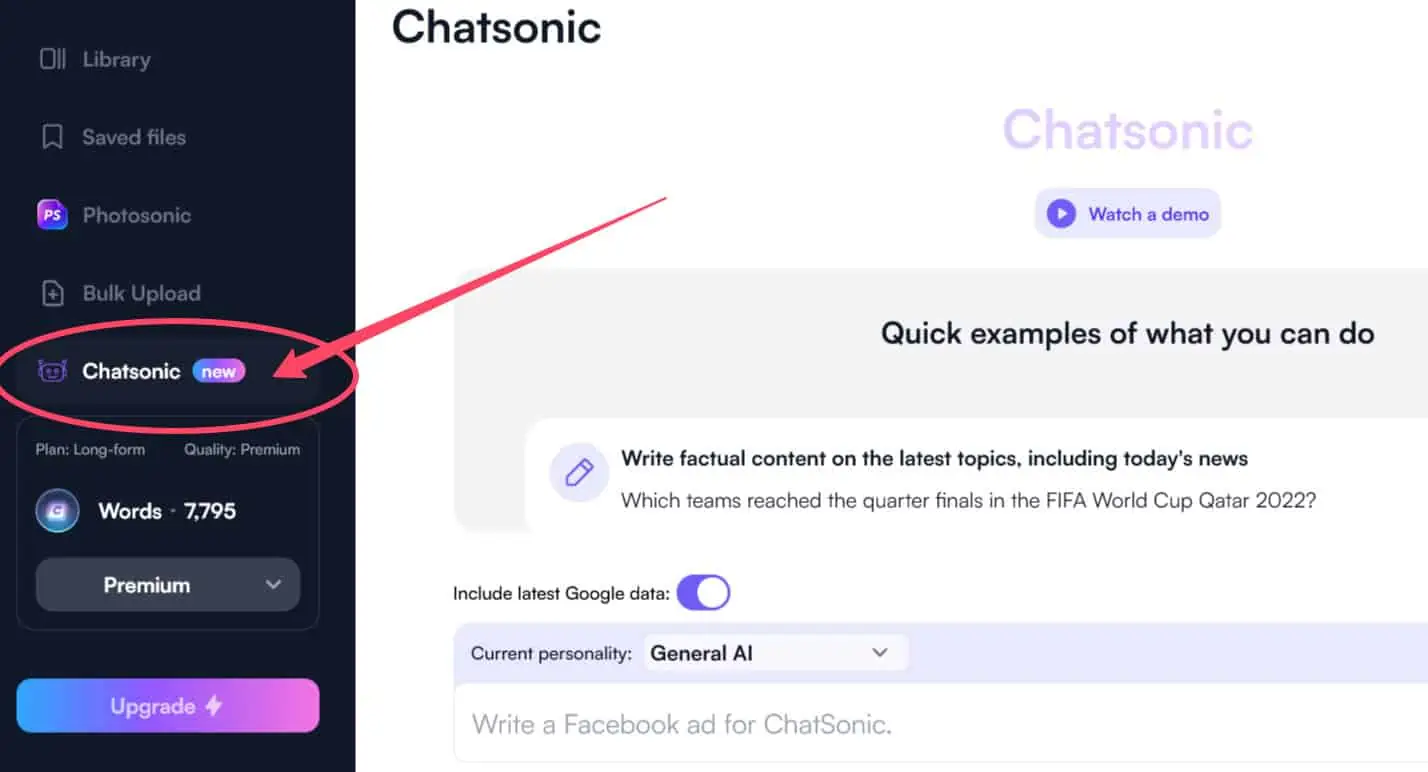 Accessing Chatsonin tool Inside Writesonic