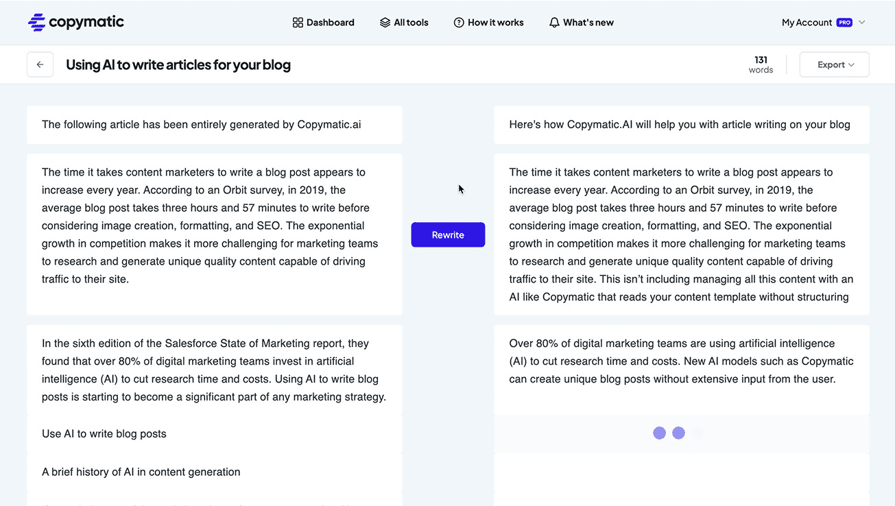 Copymatic AI Rewriting and Paraphrasing tool