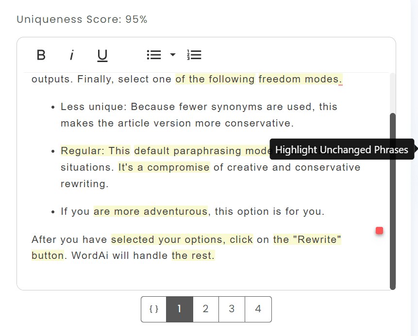 Ultimate WordAi Review: Fast and Easy Way to Rewrite Content Online WordAi Review Feature Rewriter Actions Highlight Unchanged Phrases