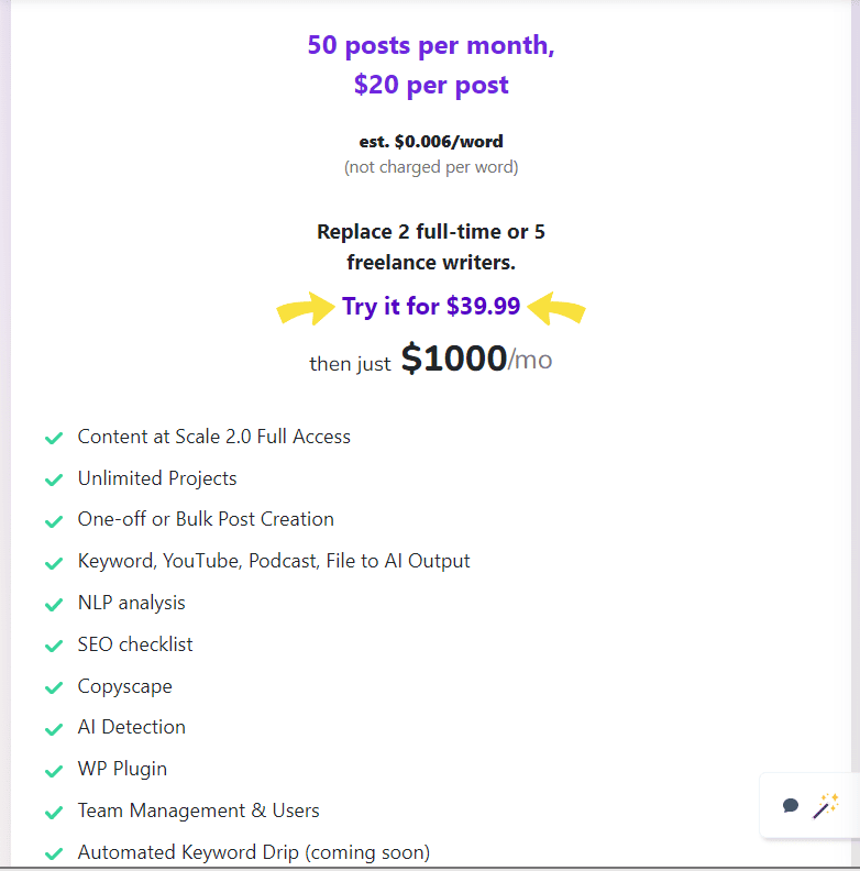 Content at Scale Pricing: Detailed Breakdown of the 5 Plans Content at Scale Pricing Scaling Plan