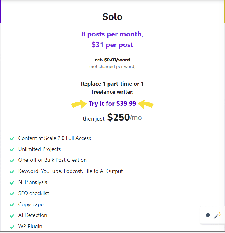 Content at Scale Pricing: Detailed Breakdown of the 5 Plans Content at Scale pricing Solo plan