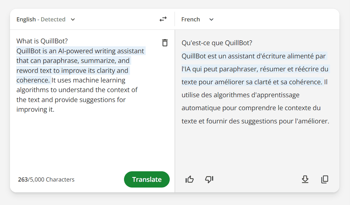 Translator QuillBot features