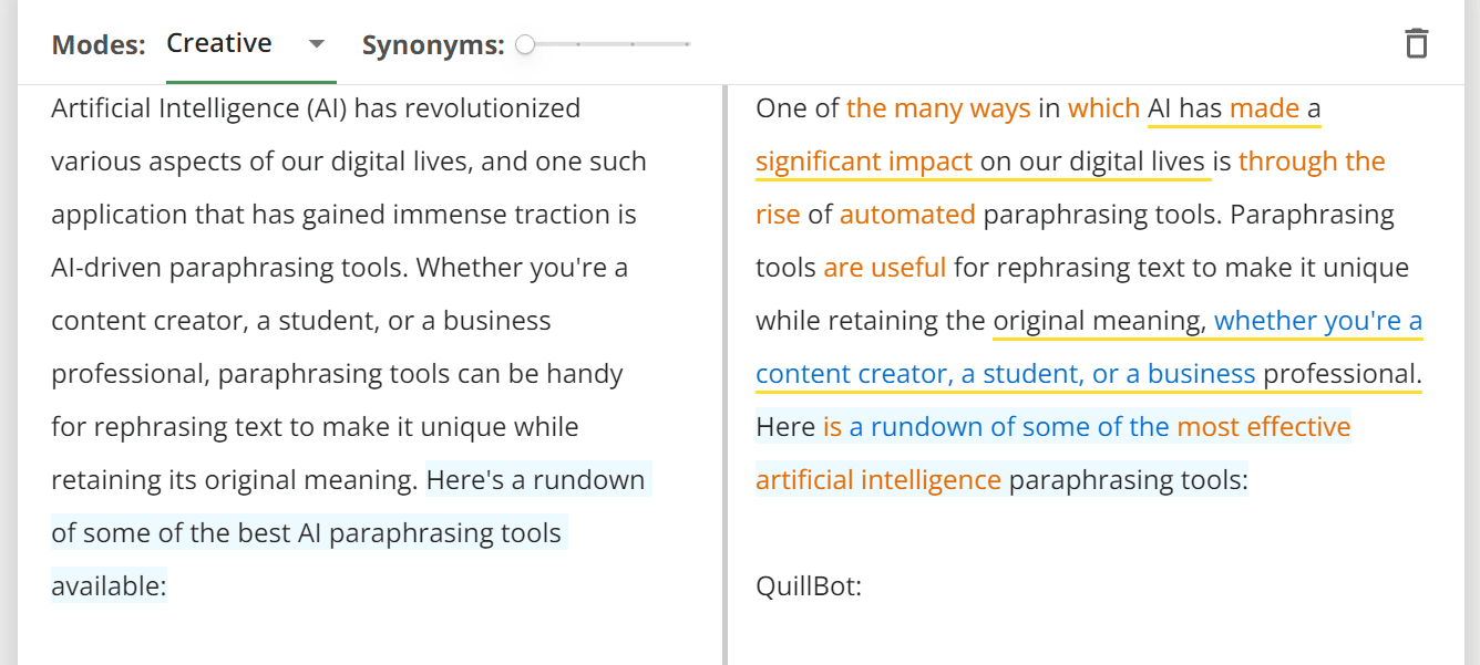 QuillBot Features AI Paraphraser Creative Mode