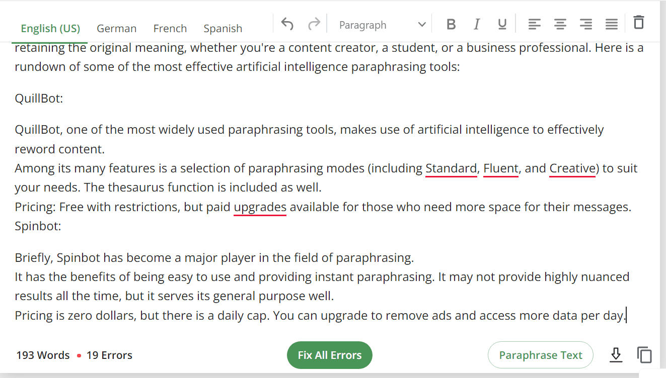 QuillBot Features Grammar Checker